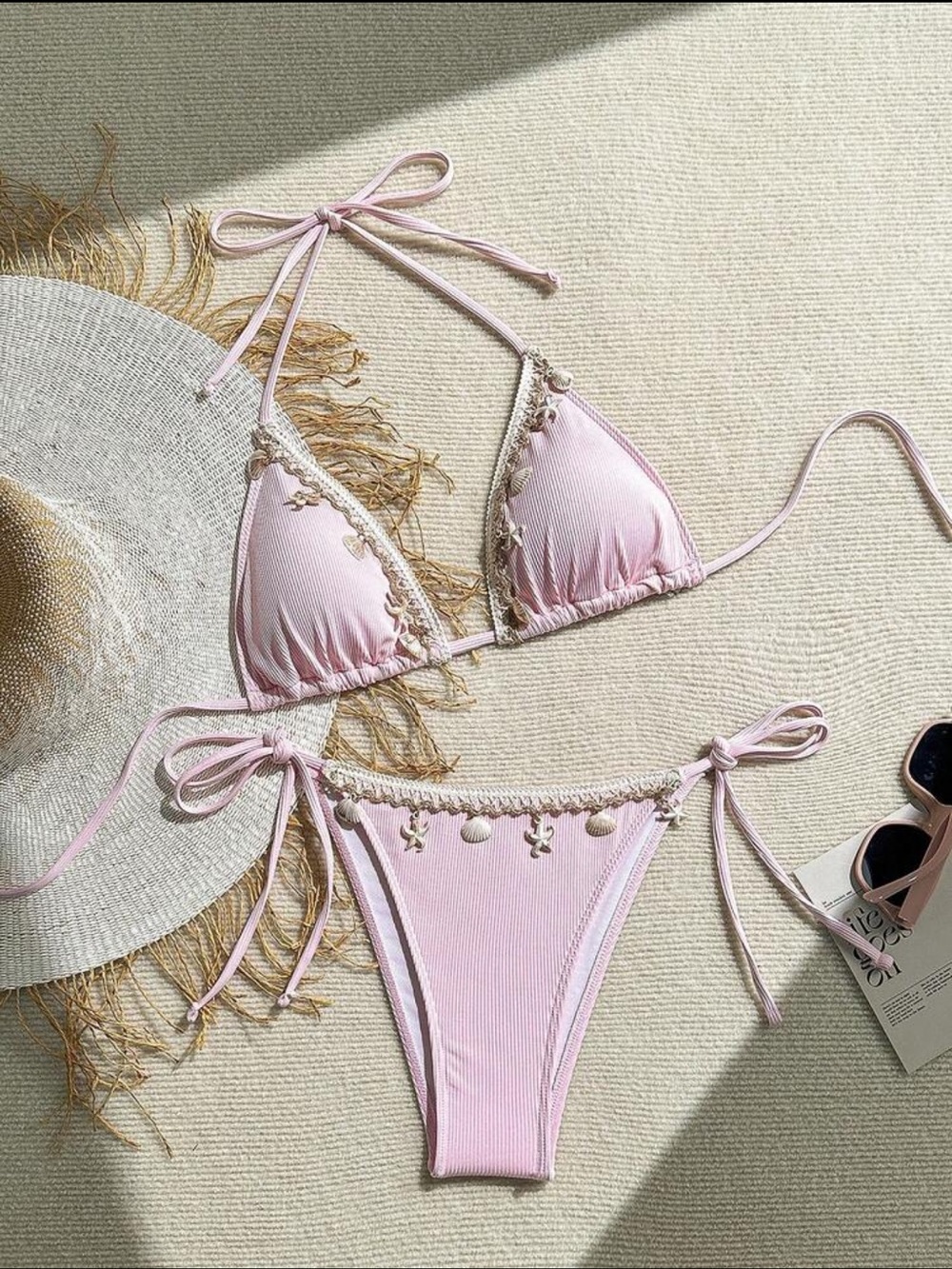 Light Pink Tie-Side Triangle Bikini with Shell Trim